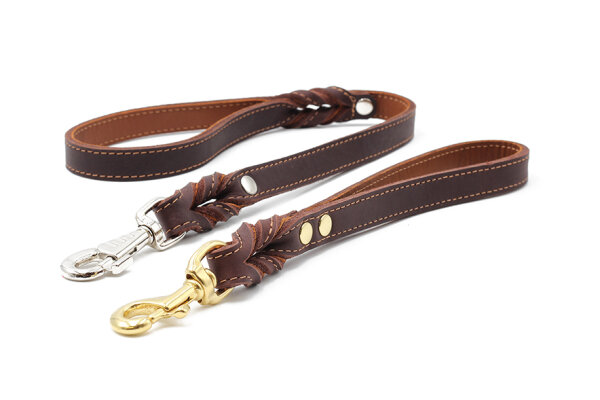 Leder-Kurzführer Klassik Premium braun - cognac - silber 60cm